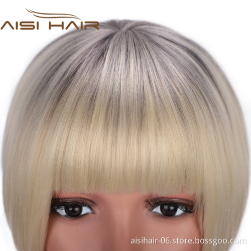 Aisi Hair Short Bob Wigs Heat Resistant Synthetic Fiber Ombre Blonde Straight Short Bob Wigs with Neat Bangs for Women
